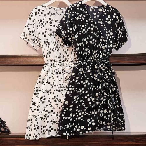 5XL 6XL 2020 summer women plus size floral printed dresses short sleeve v-neck slim chiffon dress black white JC126