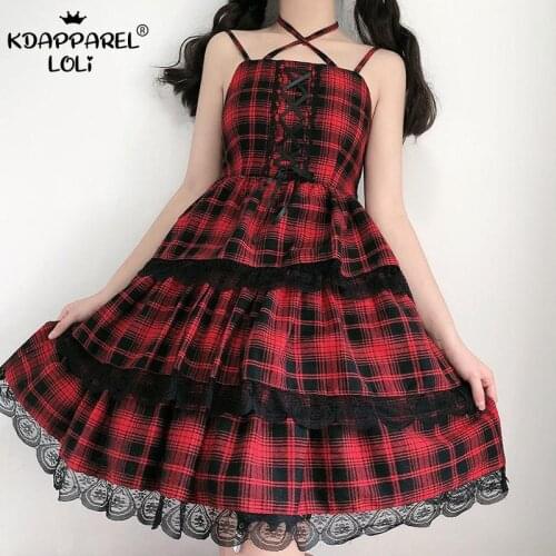 Lolita Style Red Plaid JSK Dresses Sweet Women Gothic Kawaii Girls Sexy Party Cosplay Costume Layered Ruffles Female Summer New