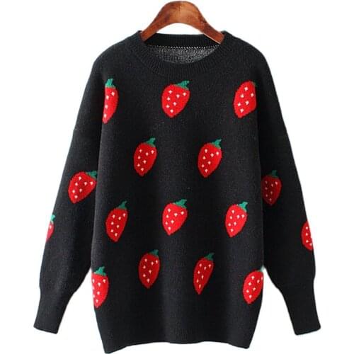 European American Popular Womens Autumn Winter New Strawberry Pattern Printed Pullover Thickened Knitted Sweater