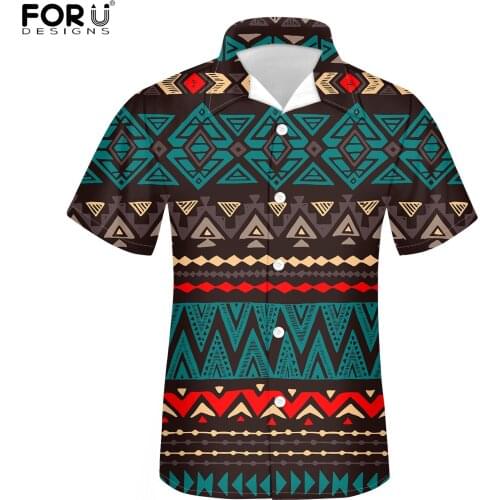 FORUDESIGNS Teal And Brown Aztec Pattern Button Short Sleeve Shirt Men Casual Summer Beach Blouse Fashion Vacation Top Blouse