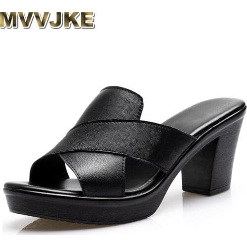 MVVJKE women real leather slippers high heel women shoes summer ladies comfortable non-slip slippers women big size