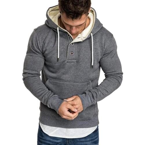 New mens solid hooded sweatshirts sports pullover hoodies fashion neckline button decoration men sports hoodie fleece Q0732