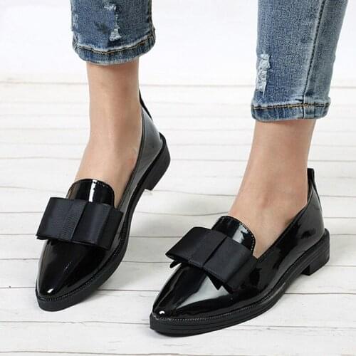 Spring Flats Women Shoes Bowtie Loafers Patent Leather Elegant Low Heels Slip On Footwear Female Pointed Toe Thick Heel