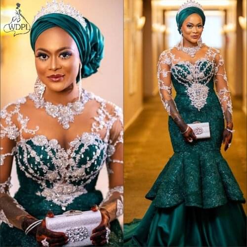 Aso Ebi Mermaid Evening Dresses Long Green Lace Appliques African Prom Dress Sheer Long Sleeve Arabic Formal Party Gowns Plus