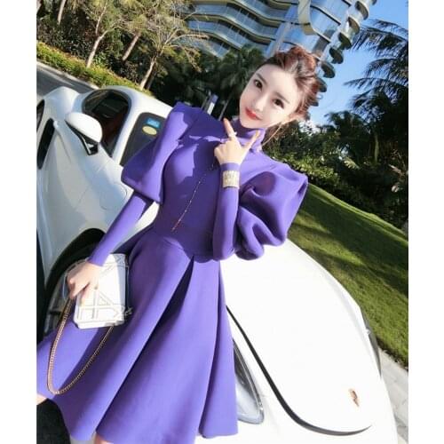 2020 Spring Fall Modern fashion Ruched Puff Sleeve Ball Gown Dress Turtleneck Solid Above-knee Ball Gown Dresses Vestidos