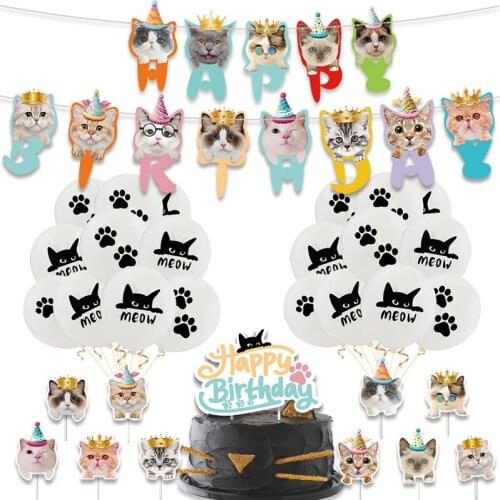 34pcs/set Meow Cat Balloon Pet Theme Party Cute Cat Face Head Little Footprint Balloon Banner Birthday Cake Topper Ballons Decor