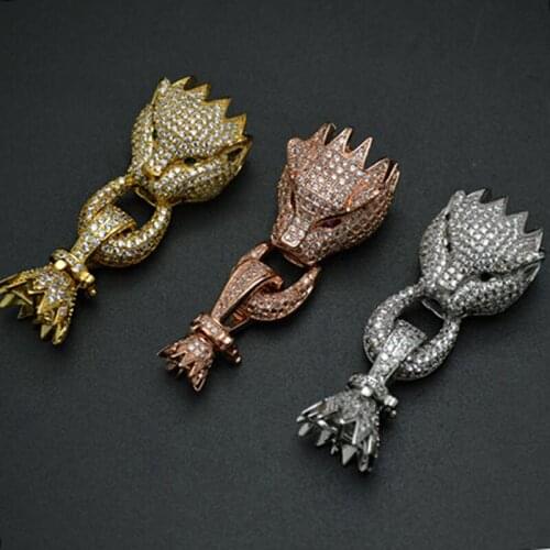 High quality Leopard Head shape Necklace Clasps Zircon CZ Beads paved Gold and Rhodium color Fashion Jewelry Findings 4pc/lot