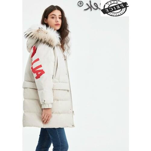 High Quality Fashion Printing Womens Down Jacket Raccoon Fur Collar Female Winter Parkas Women Coats Chaqueta Mujer 1a0