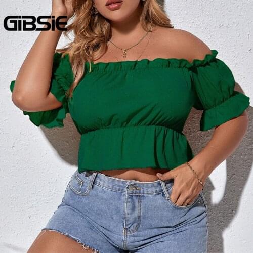 GIBSIE Plus Size Flounce Sleeve Frill Trim Off Shoulder Tops Blouses Boho Women Summer Casual Ladies Solid Crop Peplum Blouse