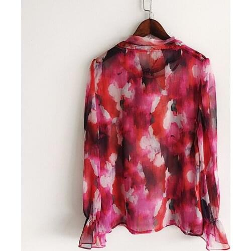 Fashion Summer Shirt Runway 2021 High Quality Red Flower Print Elegant Bow Collar Flare Sleeve Office Ladies Blouse