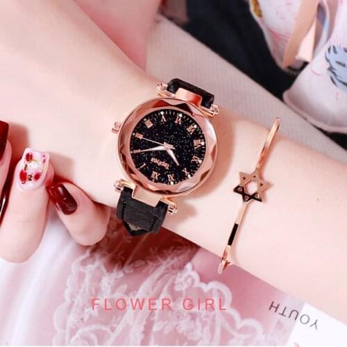 Starry Sky Luminous Leather Women Watches Rose Gold Diamond Dial Quartz Ladies Watch Female Clock Gifts Xfcs Relogio Feminino