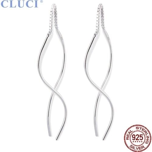 CLUCI Real 925 Silver Earrings Jewelry For Women Minimalism Triangle Round Square Long Tassel Ear Line DE005SB