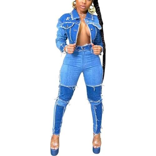 Women Distressed Patchwork Denim Trousers Stretch Color Block Fringe Trim Hip-Lifting Tight-Fitting High-Waisted Denim Trousers