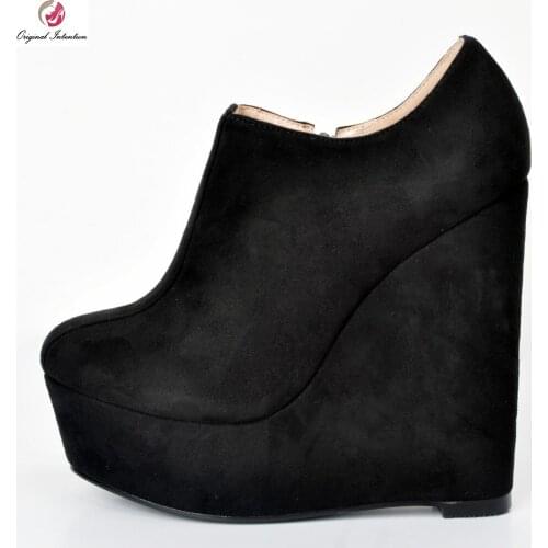 Original Intention Women Pumps Fashion Platform Round Toe Wedges Pumps High-quality Black Shoes Woman Plus US Size 4-15