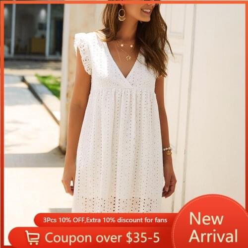 Summer Dress Womens Office Lady cotton V-neck Solid Lace Short Sleeve Lace Hollow Out dress for women