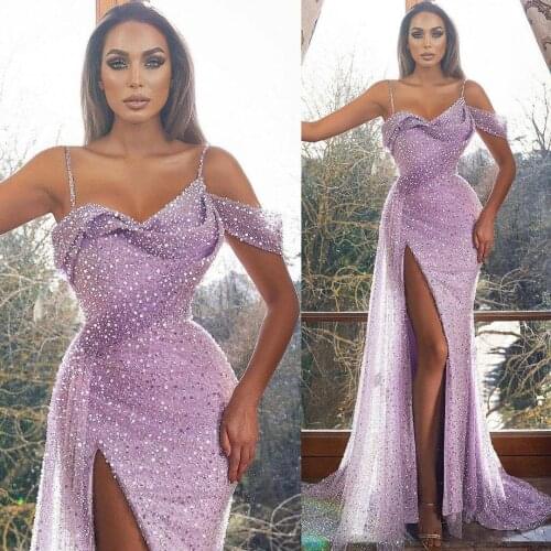 Sexy Front Split Lavender Sequins Mermaid Prom Women Dresses Spaghetti Straps Plus Size Arabic Aso Ebiy Style Evening Gowns 2021