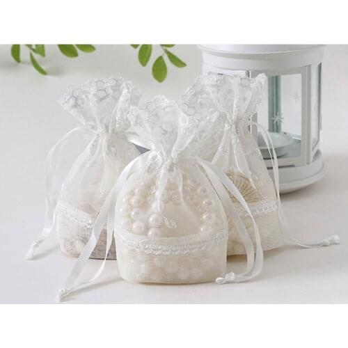 1pcs 5pcs 10x14cm White Beige Flower Lace Mesh Wedding Party Drawstring Pouch Gift Bags For Jewelry Packaging Display
