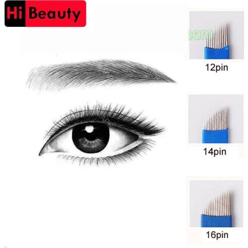100pcs/lot Disposable Blue Permanent 12/14/16 Pin Manual Eyebrow Tattoo Needles Blade For 3D Embroidery Microblading Tattoo Pen