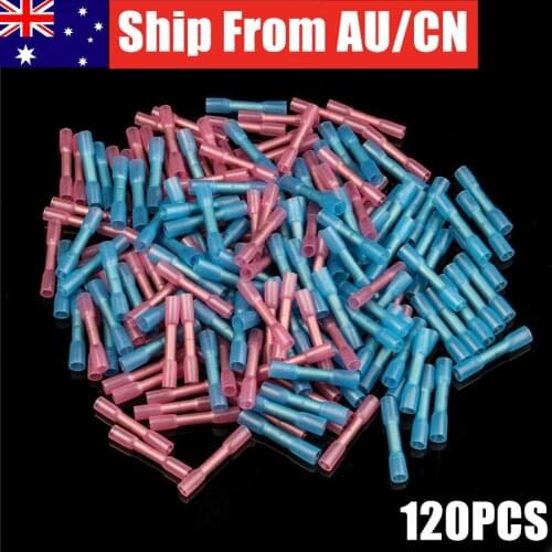 120Pcs Electrical Wire Terminal Heat Shrink Butt Crimp Terminals Red Waterproof Insulated Seal Wire Connectors 22-14AWG
