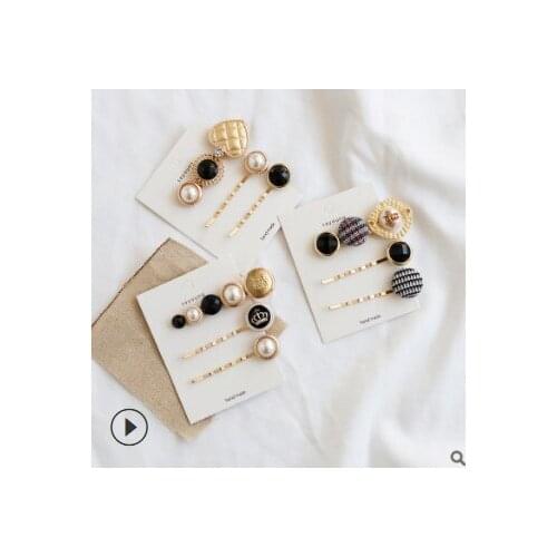 60set/lot 3pcs/set DIY Simple Multi Houndstooth Hairpins Suit Button Pearl Hair Side Clips Styling Tools Accessories HA693
