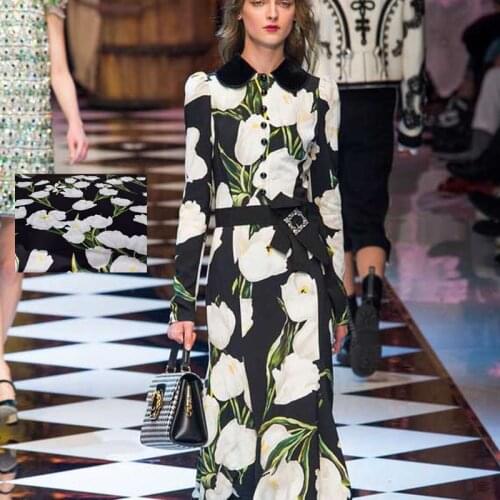 Hot sale 2016 new fashion digital painting flowers satin fabric for dress soft smooth tissu au meter bright cloth DIY