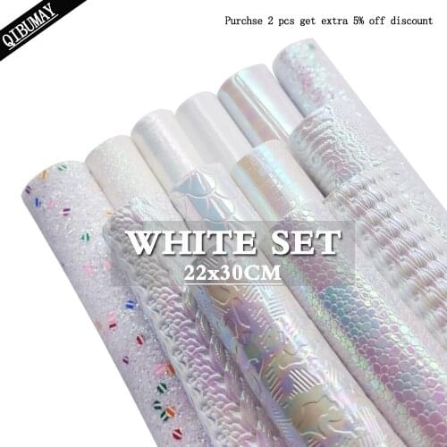 QIBU 22*30cm White Faux Leather Chunky Glitter Fabric DIY Clothes Materials Vinyl Fabric For Bows Holographic Fabric For Bags