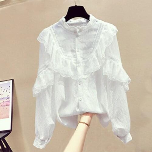 Ruffles White Women Shirts Summer New O-Neck Long-Sleeved Loose Office Lady Elegant Outwear Tops