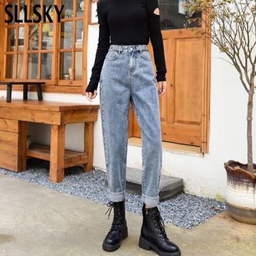 SLLSKY Vintage Adjustable High Waist Straight Jeans Women Streetwear Loose Female Denim Trouses Buttons Zipper Ladies Jeans