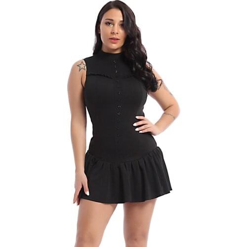 Elegant Women Fashion Ruffles A-line Dress Preppy Solid Color Sleeveless High Waist Slim Fit Dresses Zipper Casual Robe Vestidos