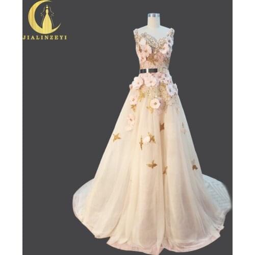 JIALINZEYI Real Sample Image Rhine Sexy Pink Feathers Gold Beads Elie Saab A-line Champange Luxurious Party Evening Dresses