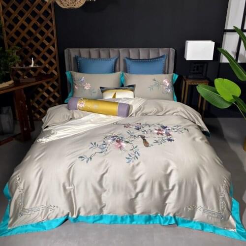 600TC egyptian cotton Bedding set flowers bird embroidery Duvet cover flat sheet Bed Sheet/Linen Pillowcases 4pcs bed set