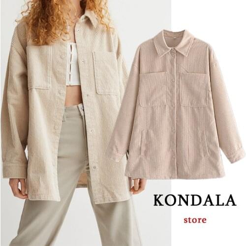KONDALA Za 2021 Chic Beige Corduroy Oversized Long Jackets Single Button Pockets Fashion Autumn Jackets Streetwear Mujer Outwear
