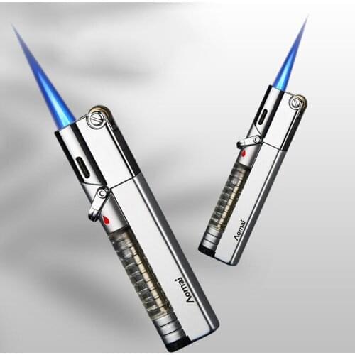 Creative gas lighter direct impact windproof blue flame metal mini slender lighter grinding wheel inflation cigar lighter