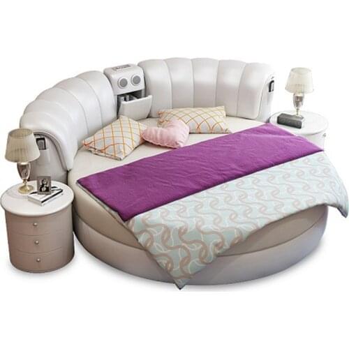 Genuine Leather multifunctional massage bed frame Nordic camas ultimate bed round night stands LED light Bluetooth speaker safe