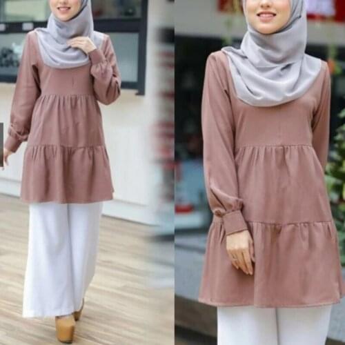 Muslim Women Long Sleeve Tunic Tops Flared Ruffles Hem Solid Color Pullover Loose Shirt Autumn Islamic Turkey Abaya Dubai Vinta