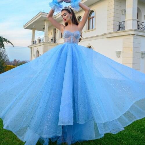 New Arrival Shine Stars Blue Tulle Prom Dresses 2021 Spaghetti Straps Glitter Floor-length Evening Party Graduation Gowns
