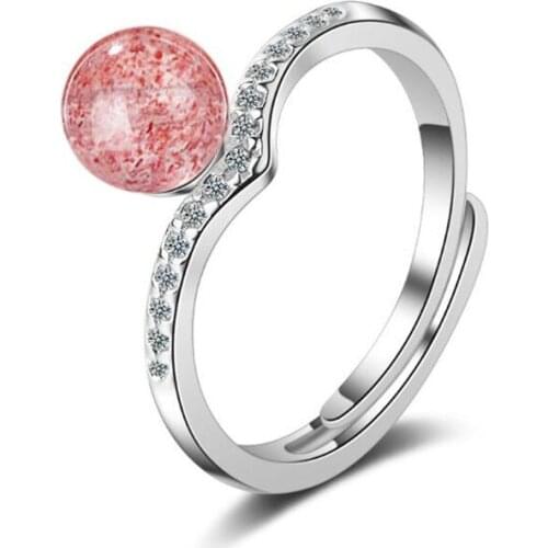 New Simple V-shaped Korean Fashion 925 Sterling Silver Jewelry Not Allergic Women Strawberry Crystal Opening Rings SR448