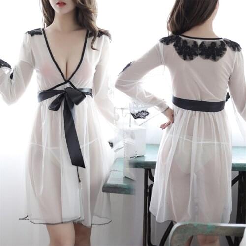 New Sexy white Lace Robe Women Lingerie Set See-through Large Size Bandage Sleepwear Babydoll Long Skirt Erotic Allure Underwear