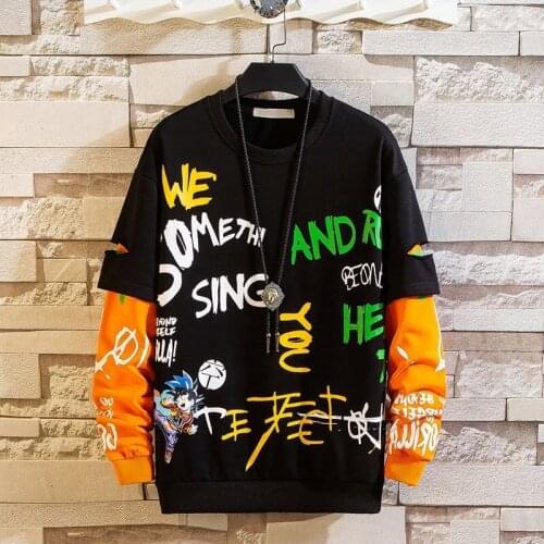 Autumn and winter new fake two piece stitched sweater trend round neck graffiti Print Long Sleeve Top