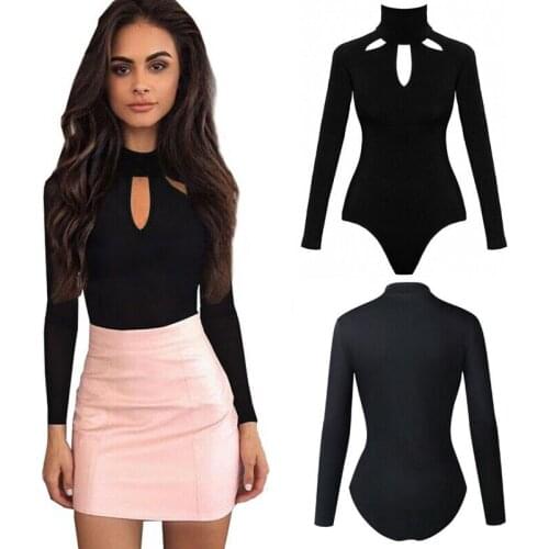 Sexy Ladies Hollow Out Turtleneck Bodysuits Women Long Sleeve Skinny Casual Elegant Black Solid Color Leotard Club Rompers
