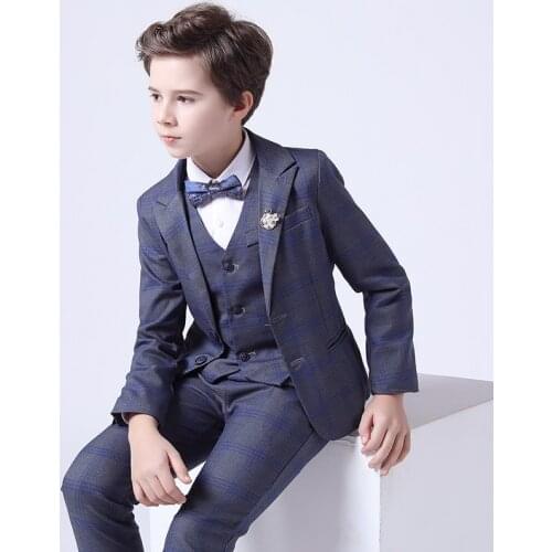 Spring Autumn Formal Childrens Suit Set Flower Boys Wedding Party Piano Performance Costume Kids Plaid Blazer Vest Pants Outfit