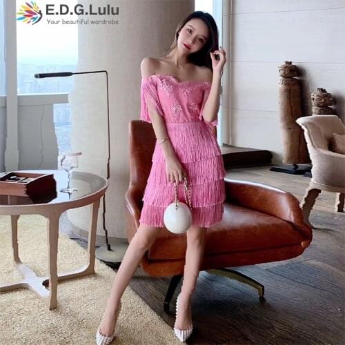 Fringe dress vintage elegant sexy party club wear tight streetwear sundress runway lace spring strapless dress 2019 tassel