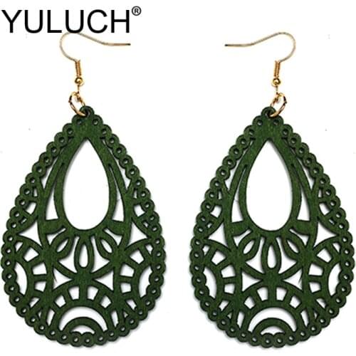 YULUCH 2019 Vintage Long Earrings Ethnic African Indian Boho Green Hollow Wooden Water Drop Earrings For Women Fashion Jewelry