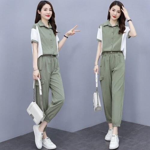 High Quality Pant Sets Women Tracksuit Button Shirt Elastic Waist Ankle-length Pants Two Piece Suit Vintage Casual Streetwear