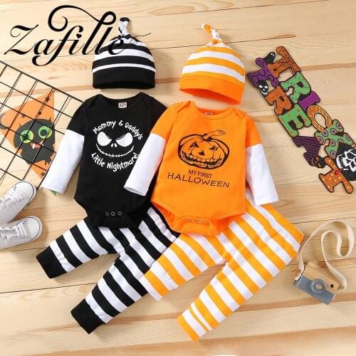 ZAFILLE My First Halloween Outfits Infant Baby Boys Girls Ghost Pumpkin Printed Romper Bodysuit+ Pants+Hats Outfits Baby Boy Set