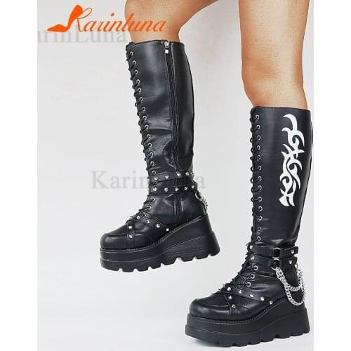 Brand Design Gothic Style INS Hot Fashion Boots Women Shoes Black Wedges High Heels Buckles Platform Boots Female Plus Size 50