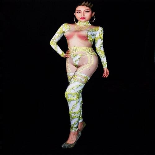 D52 Female printing bodysuit stage singer perform dance costumes dj jumpsuit Rhinestone outfits bar clothe performance dress ktv