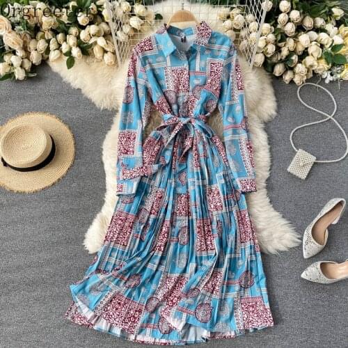 Spring 2021 New Temperament Shirt Dress Vestidos Womens Lapel Slim Vintage Printted Pleated Midi Dress
