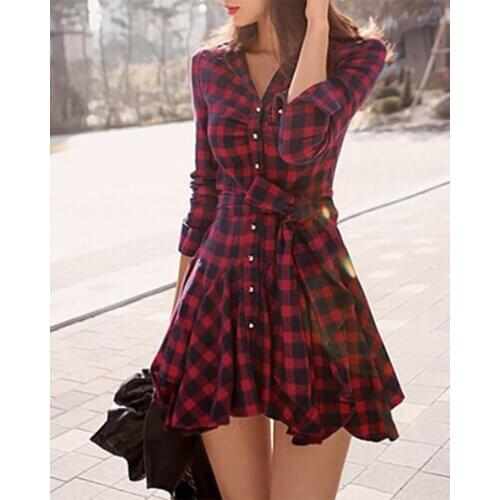 2020 Women Spring Autumn Elegant Plaid Ruffles Hem Button Front Shirt Dress Turn-down Collar Long Sleeve Casual