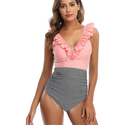 2020 Sexy One Piece Swimsuit Women Push-Up Padded Ruffle Swimwear Monokini Bodysuit Patchwork Striped Bathing Suit Female Bikini